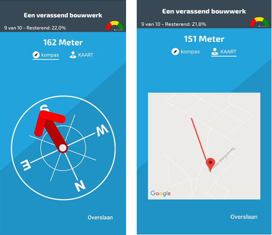 Screenshots van de RLLY app. Links het kompas en rechts de kaart. Op beide schermen zie je hoeveel meter je ongeveer nog te gaan hebt tot de volgende stop.