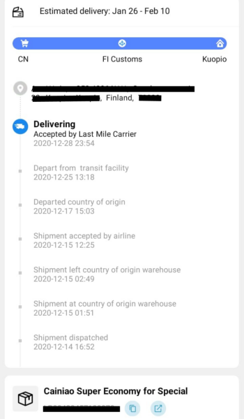 Een screenshot van de track & trace informatie van het pakketje van Anne.