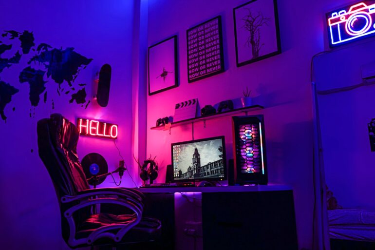 gaming room rgb with gaming desk, pc and chair